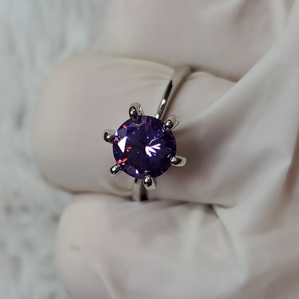3/Glass Stone 6-Prong Silver Rings|Clear-Green-Purple|Single Cut Glass-Sz 9.5 - Picture 6 of 12